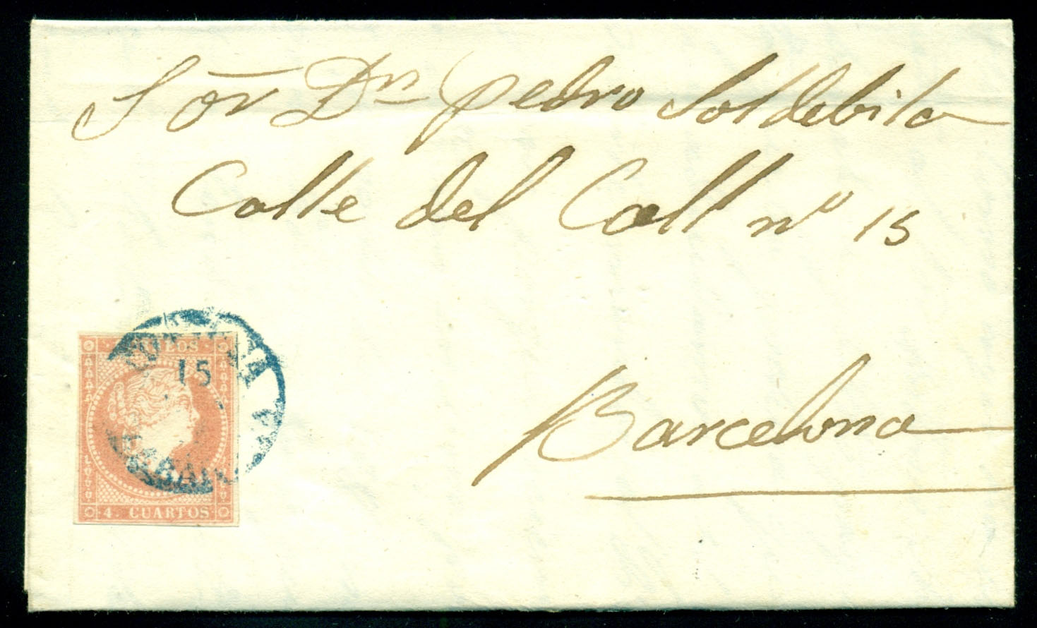 1.858. TORTOSA/BARCELONA. Mat� fecha T. I en azul (B)